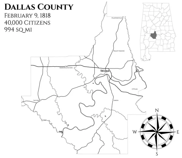 米国アラバマ州ダラス郡の大規模かつ詳細な地図 — ストックベクタ