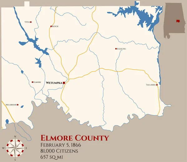 Stor Och Detaljerad Karta Över Elmore County Alabama Usa — Stock vektor