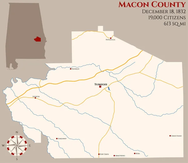 Велика Докладна Карта Macon Округу Штаті Алабама Сша — стоковий вектор