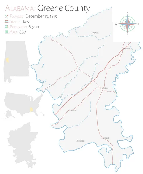 Mapa Grande Detallado Del Condado Greene Alabama Estados Unidos — Vector de stock