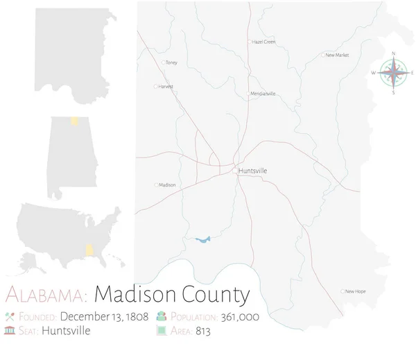 Stor Och Detaljerad Karta Över Madison County Alabama Usa — Stock vektor