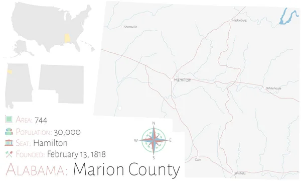 Μεγάλος Και Λεπτομερής Χάρτης Της Κομητείας Μάριον Στην Αλαμπάμα Ηνωμένες — Διανυσματικό Αρχείο