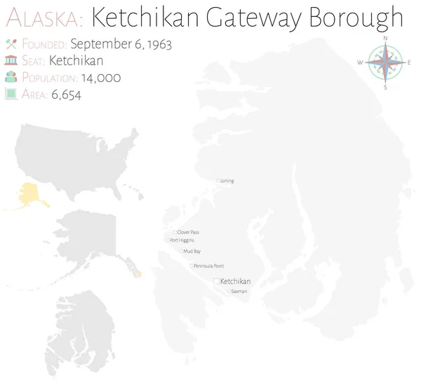 Grote Gedetailleerde Kaart Van Ketchikan Gateway Borough Alaska Usa — Stockvector