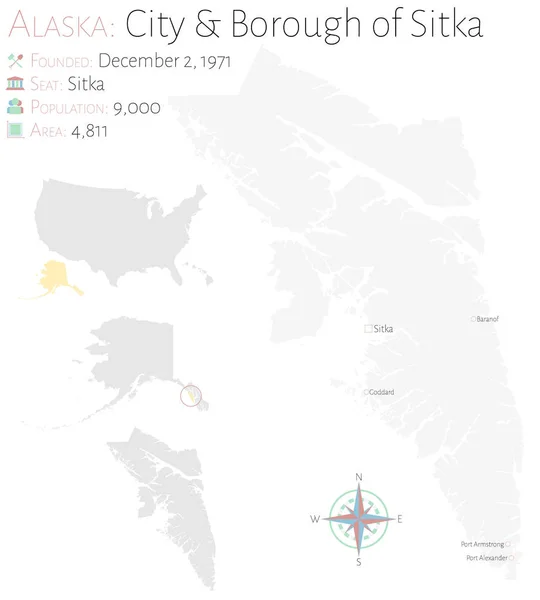 Mappa Grande Dettagliata Della Città Del Borgo Sitka Alaska Usa — Vettoriale Stock