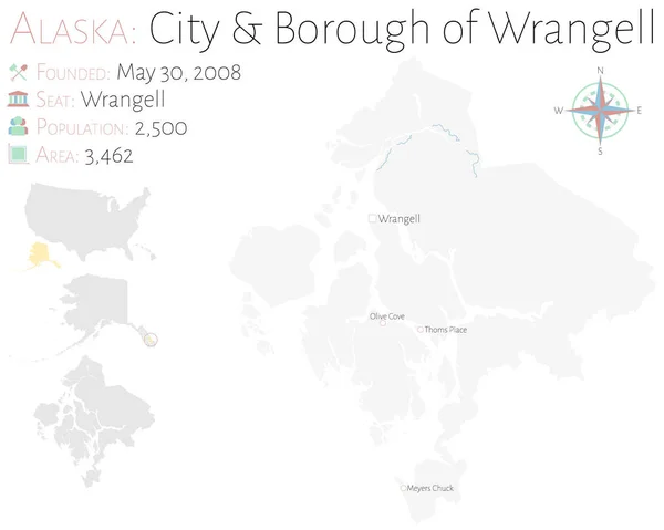 Grote Gedetailleerde Kaart Van Stad Het Stadsdeel Van Wrangell Alaska — Stockvector