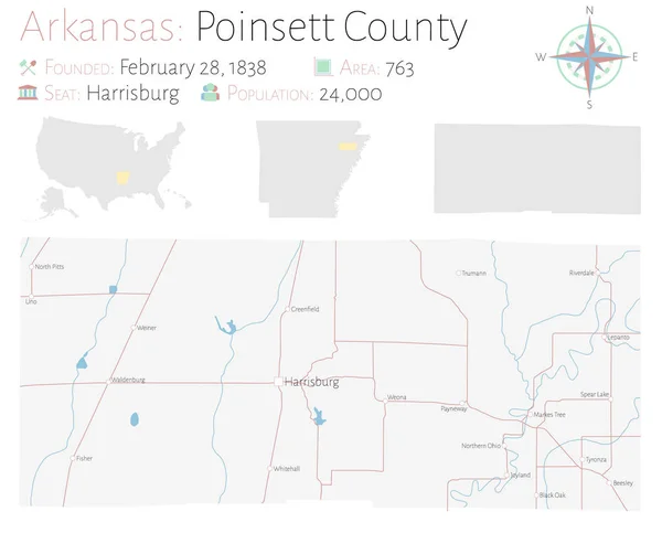Duża Szczegółowa Mapa Powiatu Poinsett Arkansas Usa — Wektor stockowy
