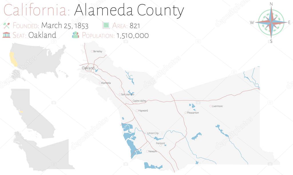 Large and detailed map of Alameda county in California, USA