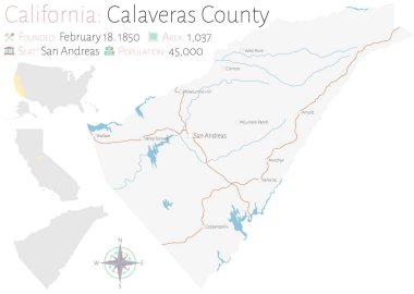 Kaliforniya' daki Calaveras eyaletinin büyük ve ayrıntılı haritası, ABD.