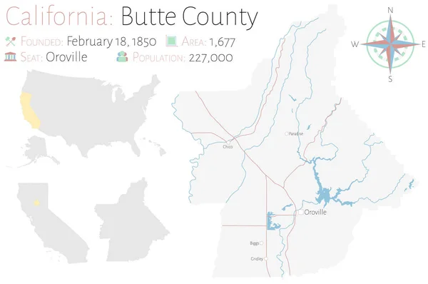 Mapa Grande Detalhado Condado Butte Califórnia Estados Unidos América — Vetor de Stock