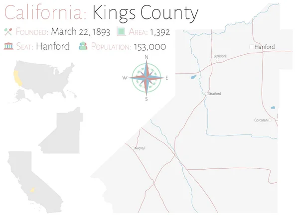 Grande Detalhado Mapa Condado Kings Califórnia Eua — Vetor de Stock