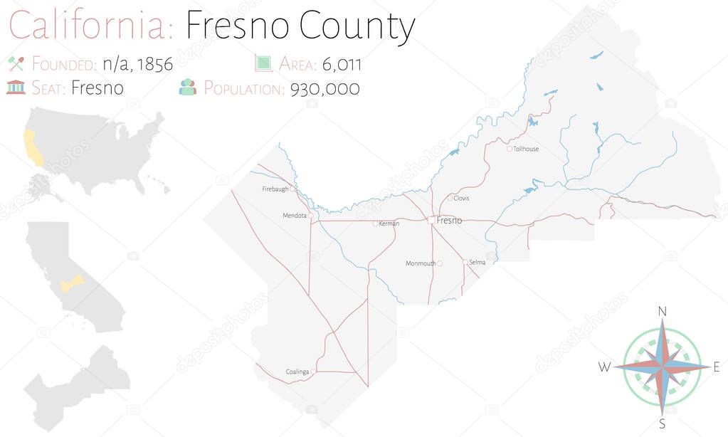 Large and detailed map of Fresno county in California, USA
