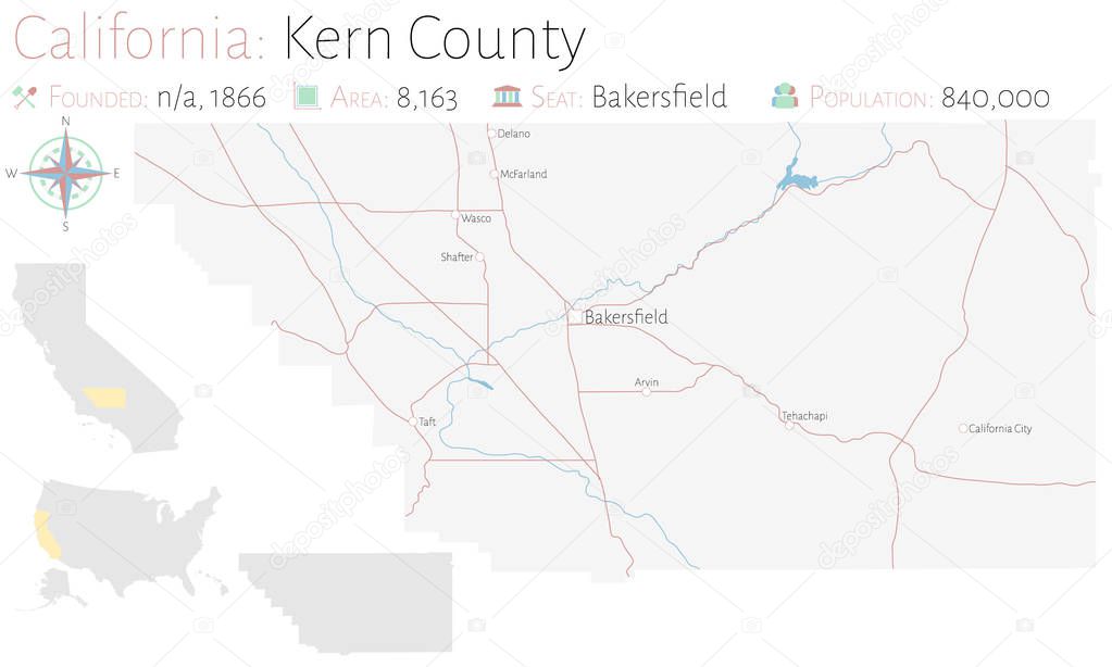 Large and detailed map of Kern county in California, USA