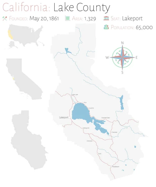 Grande Dettagliata Mappa Della Contea Lake California Usa — Vettoriale Stock