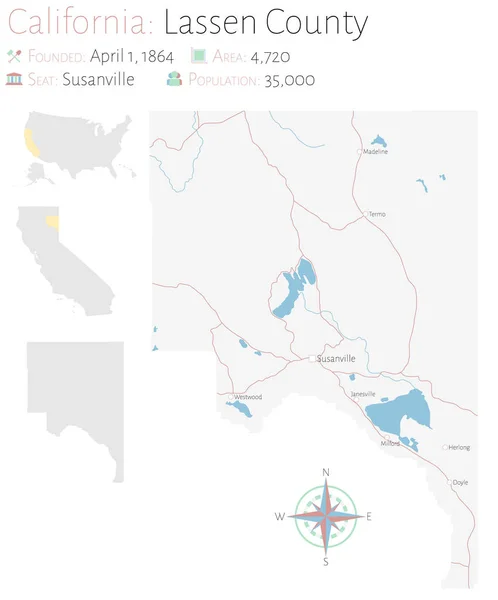 Mappa Ampia Dettagliata Della Contea Lassen California Stati Uniti — Vettoriale Stock