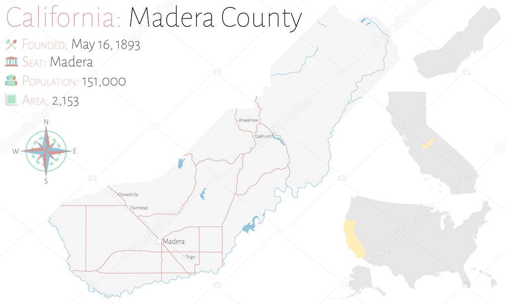 Large and detailed map of Madera county in California, USA