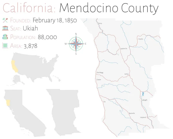 Velká Podrobná Mapa Okresu Mendocino Kalifornii Usa — Stockový vektor