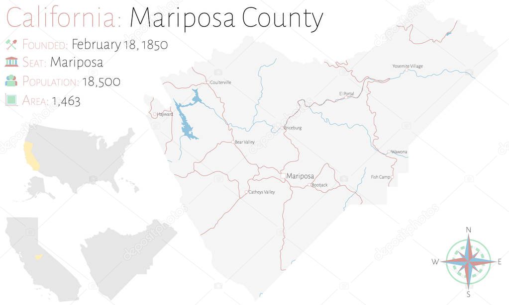Large and detailed map of Mariposa county in California, USA