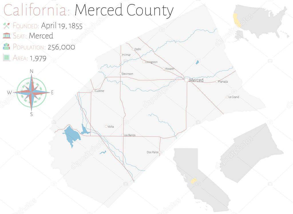 Large and detailed map of Merced county in California, USA