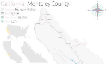 Kaliforniya'daki Monterey ilçesinin büyük ve ayrıntılı haritası, ABD
