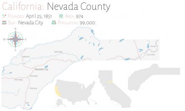 Kaliforniya, ABD'deki Nevada ilçesinin büyük ve ayrıntılı haritası