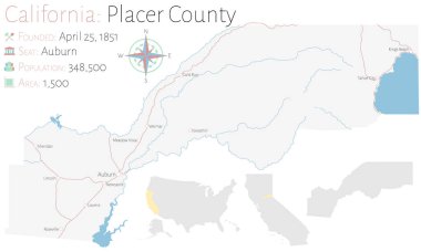 Kaliforniya' daki Placer ilçesinin büyük ve ayrıntılı haritası, ABD