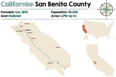 Kaliforniya'daki San Benito eyaletinin büyük ve ayrıntılı haritası, ABD