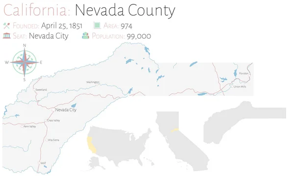 Large Detailed Map Nevada County California Usa — Stock Vector