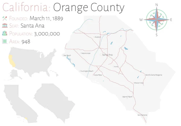 Mapa Grande Detalhado Condado Orange Califórnia Estados Unidos América — Vetor de Stock