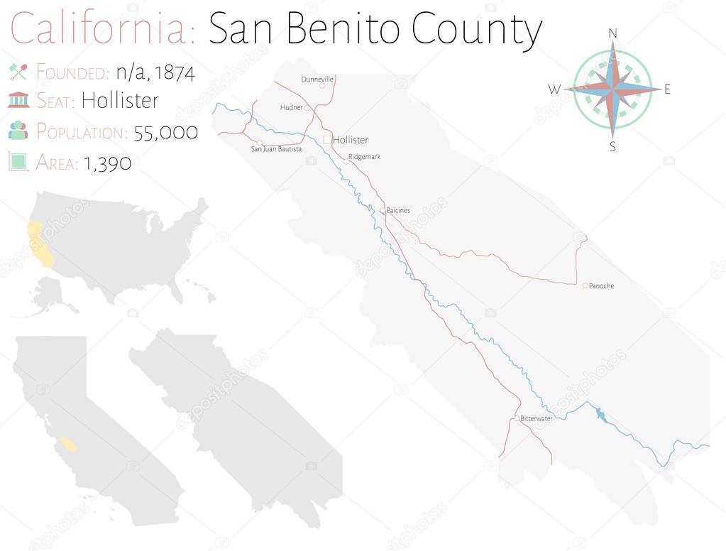 Large and detailed map of San Benito county in California, USA