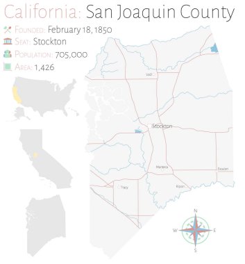 Kaliforniya, ABD'deki San Joaquin eyaletinin büyük ve ayrıntılı haritası