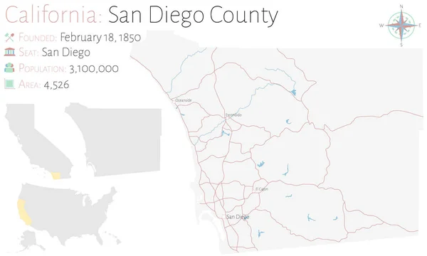 Grande Dettagliata Mappa Della Contea San Diego California Usa — Vettoriale Stock