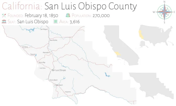 Velká Podrobná Mapa Okresu San Luis Obispo Kalifornii Usa — Stockový vektor