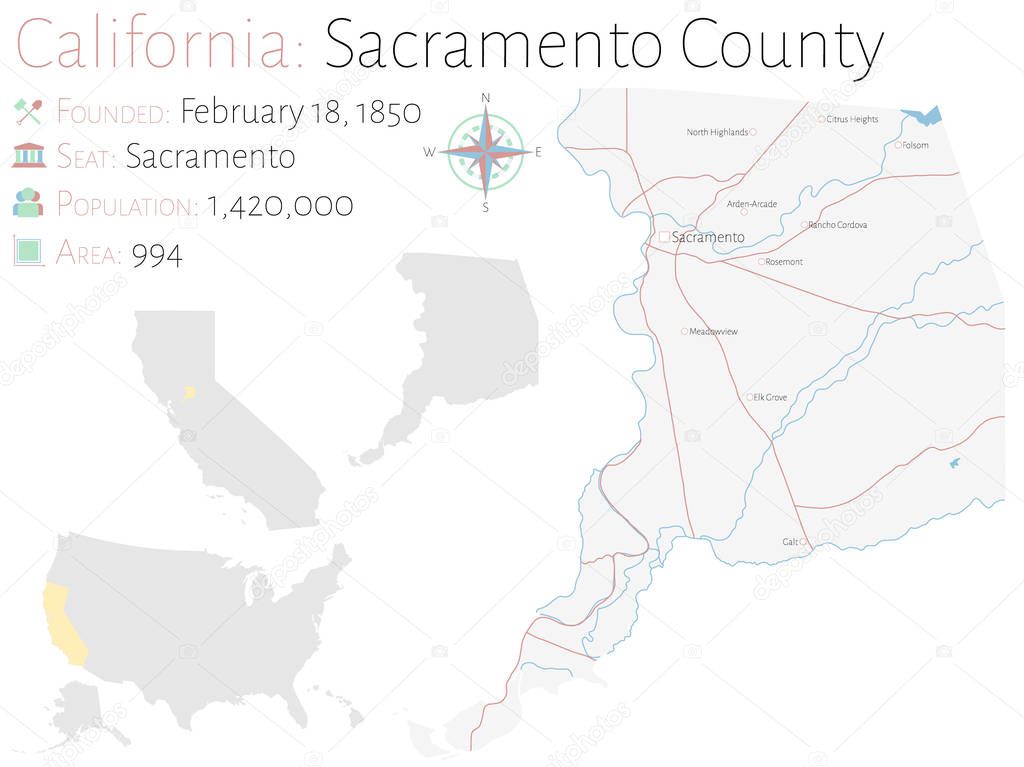 Large and detailed map of Sacramento county in California, USA