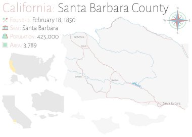 Kaliforniya'daki Santa Barbara eyaletinin büyük ve ayrıntılı haritası, ABD