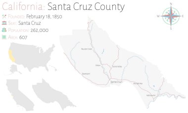 Kaliforniya'daki Santa Cruz eyaletinin büyük ve ayrıntılı haritası, ABD