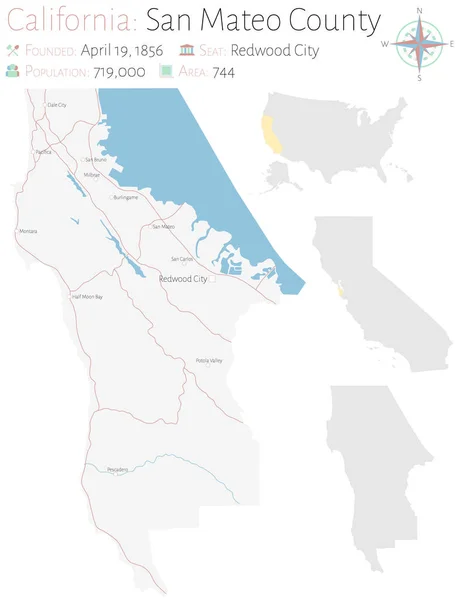 Mapa Grande Detalhado Condado San Mateo Califórnia Eua — Vetor de Stock