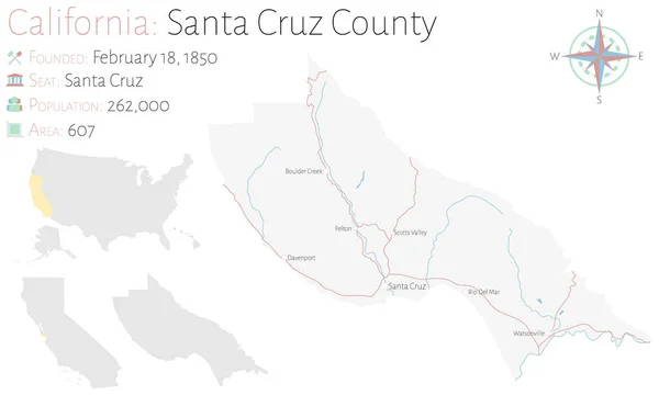 Large Detailed Map Santa Cruz County California Usa — Stock Vector