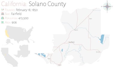 Kaliforniya' daki Solano ilçesinin büyük ve ayrıntılı haritası, ABD.