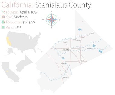 Kaliforniya' daki Stanislaus eyaletinin büyük ve ayrıntılı haritası, ABD.