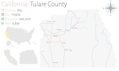 Large and detailed map of Tulare county in California, USA. clipart