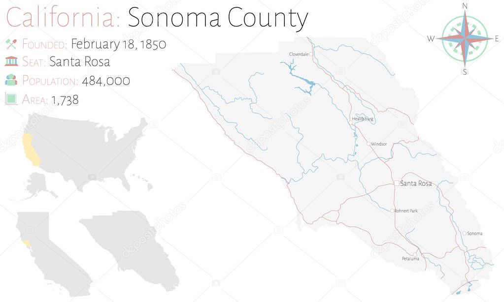 Large and detailed map of Sonoma county in California, USA.