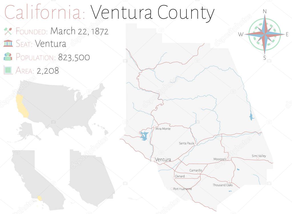 Large and detailed map of Ventura county in California, USA