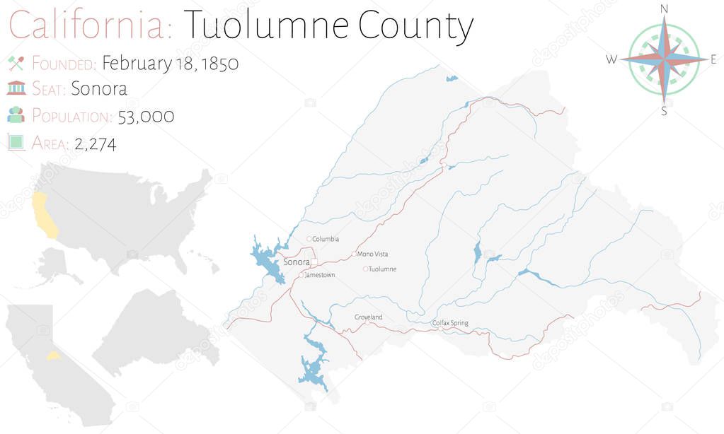 Large and detailed map of Tuolumne county in California, USA