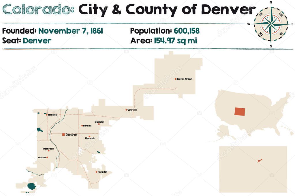 Large and detailed map of city & county of Denver in Colorado, USA