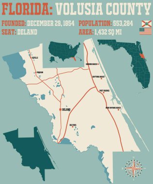 Florida, ABD 'deki Volusia ilçesinin geniş ve ayrıntılı haritası..