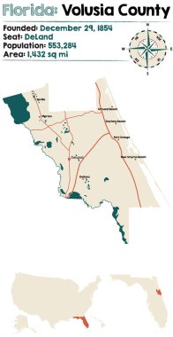 Florida, ABD 'deki Volusia ilçesinin geniş ve ayrıntılı haritası..