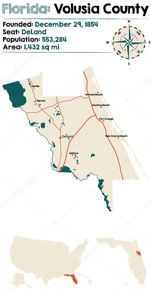 Large and detailed map of Volusia county in Florida, USA.