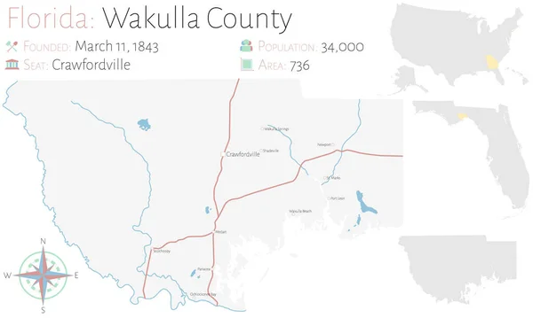 Stor Och Detaljerad Karta Över Wakulla Län Florida Usa — Stock vektor