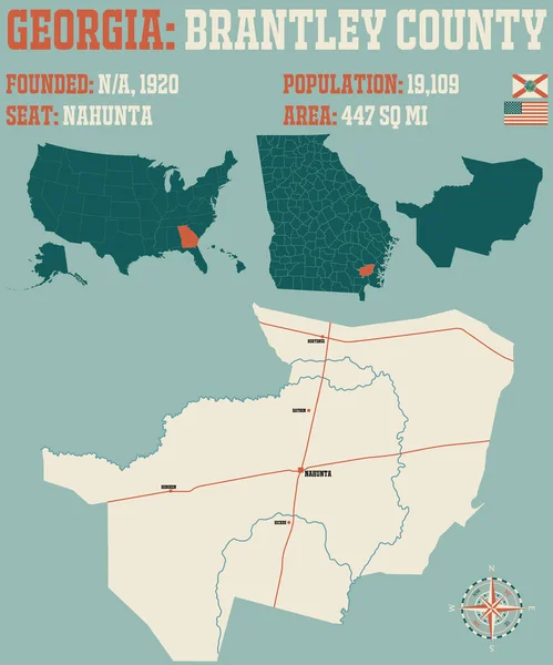 Велика Детальна Мапа Округу Брантлі Джорджія Сша — стоковий вектор