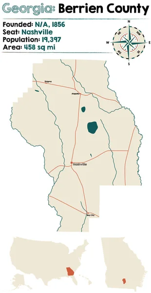 Велика Детальна Мапа Округу Беррієн Штаті Джорджія Сша — стоковий вектор